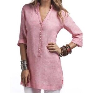 ISLAND COMPANY 100% Linen Kimono Shirt Tunic Button Up Beach Shirtdress Pink XS